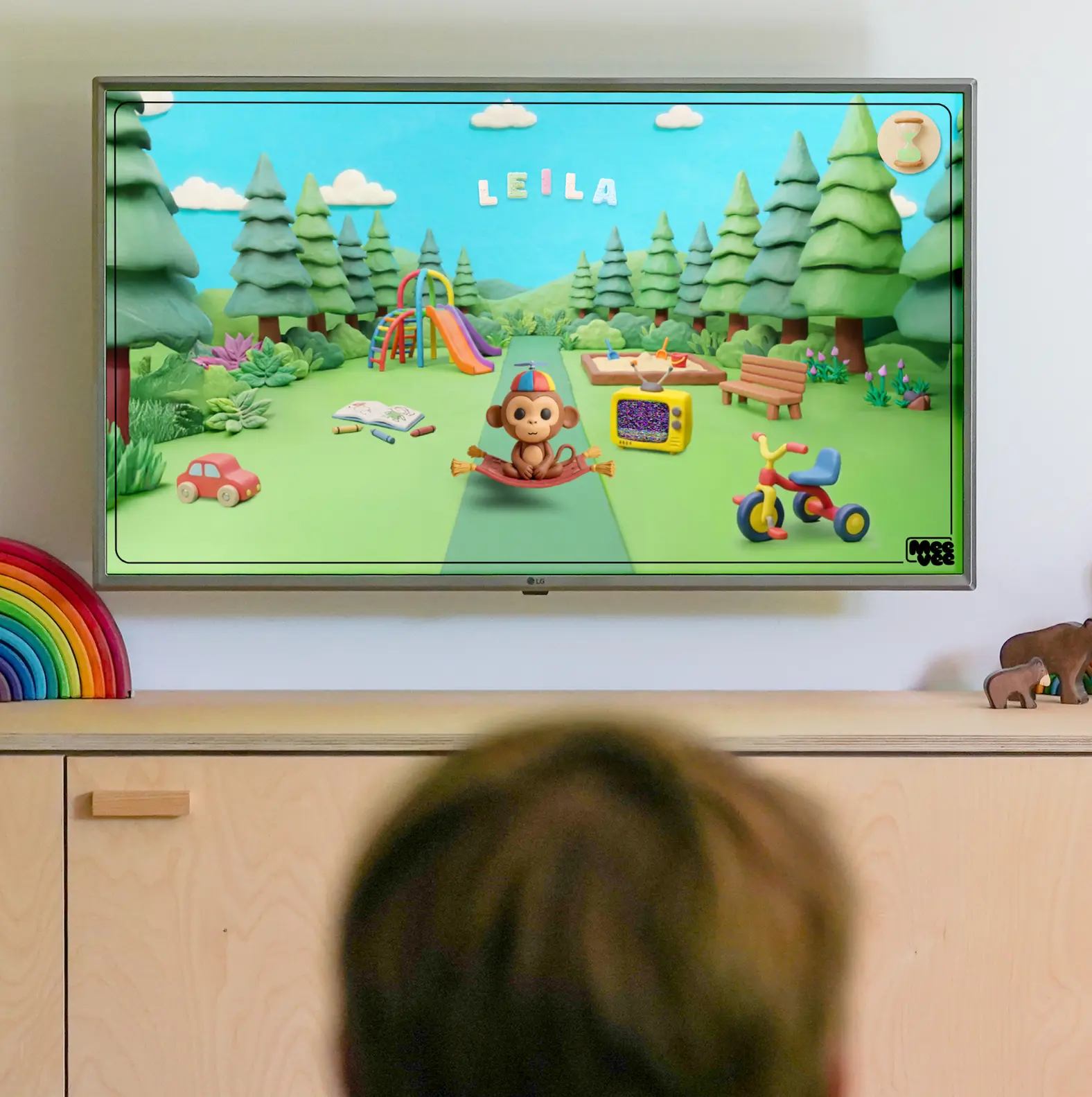 A child watching a Meevee story on the living-room TV