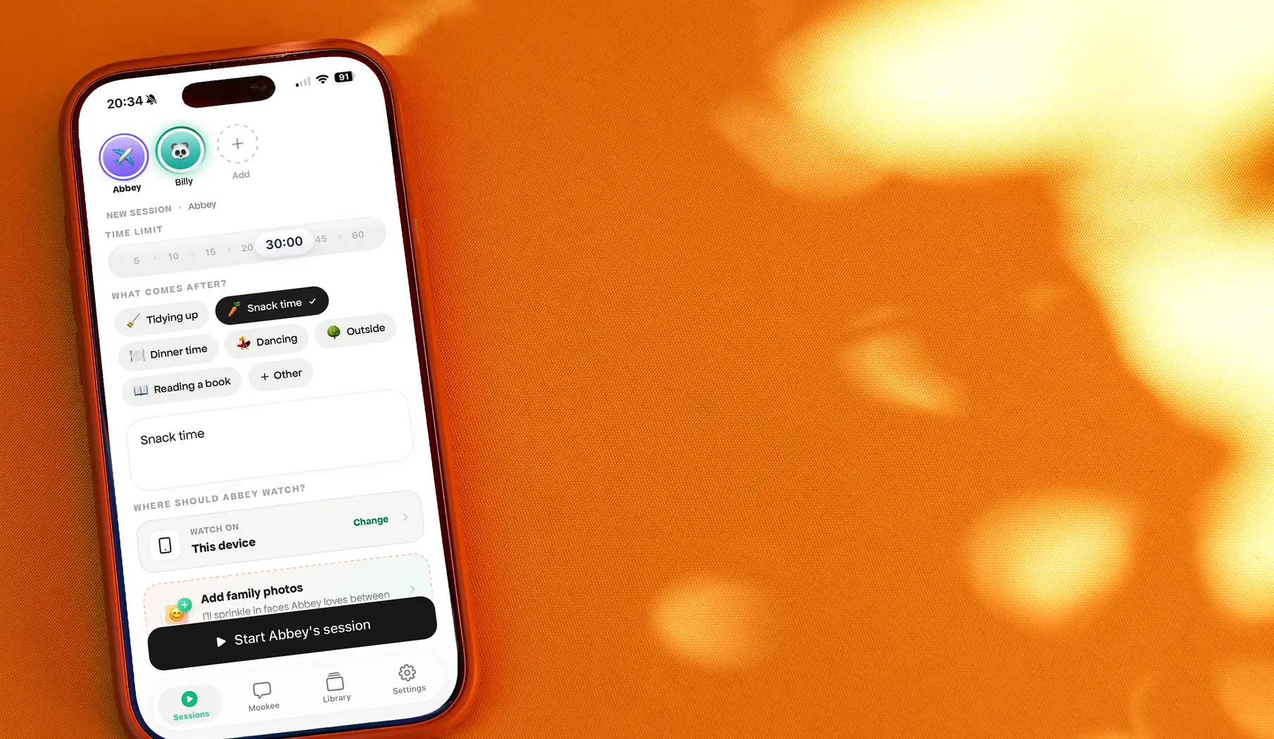 The Meevee parent app on a phone, starting a new session
