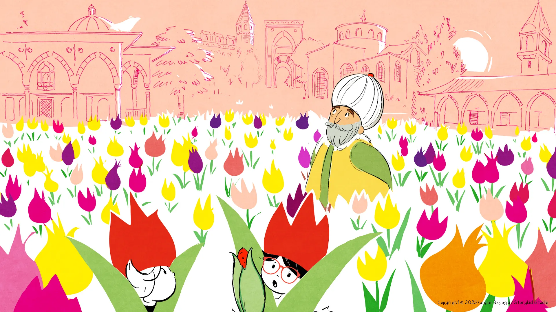 A still from Hello, Neobiota!, a field of colourful tulips
