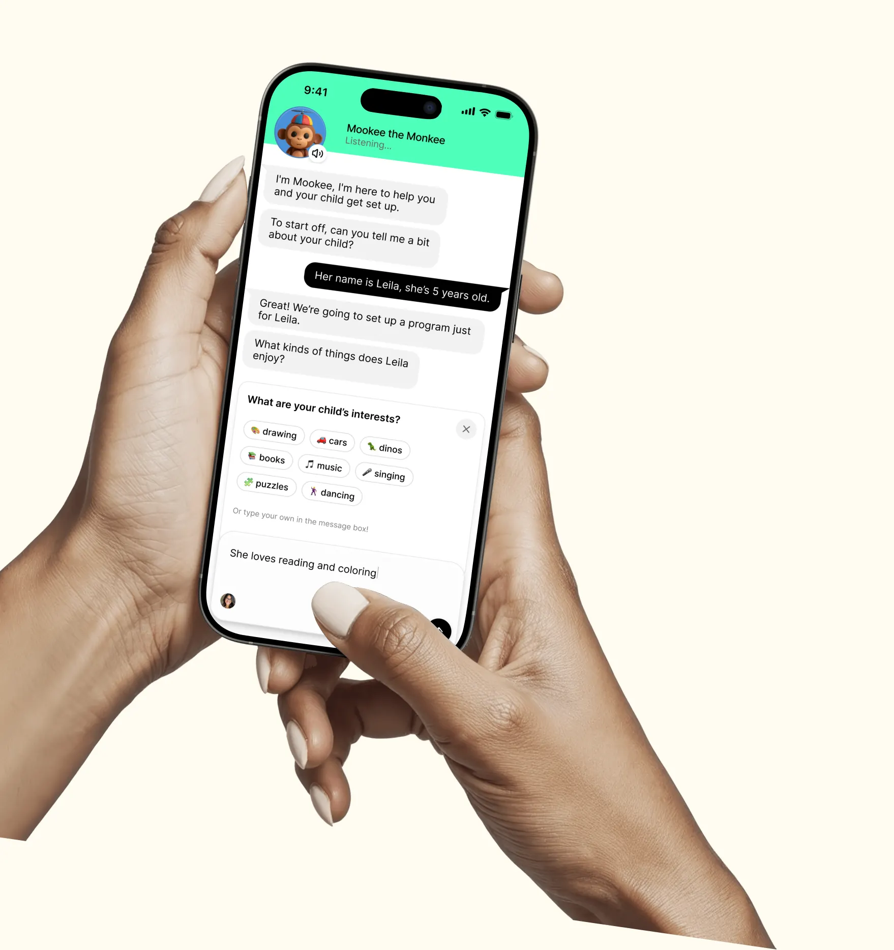 A parent setting up a Meevee session with Mookee on their phone