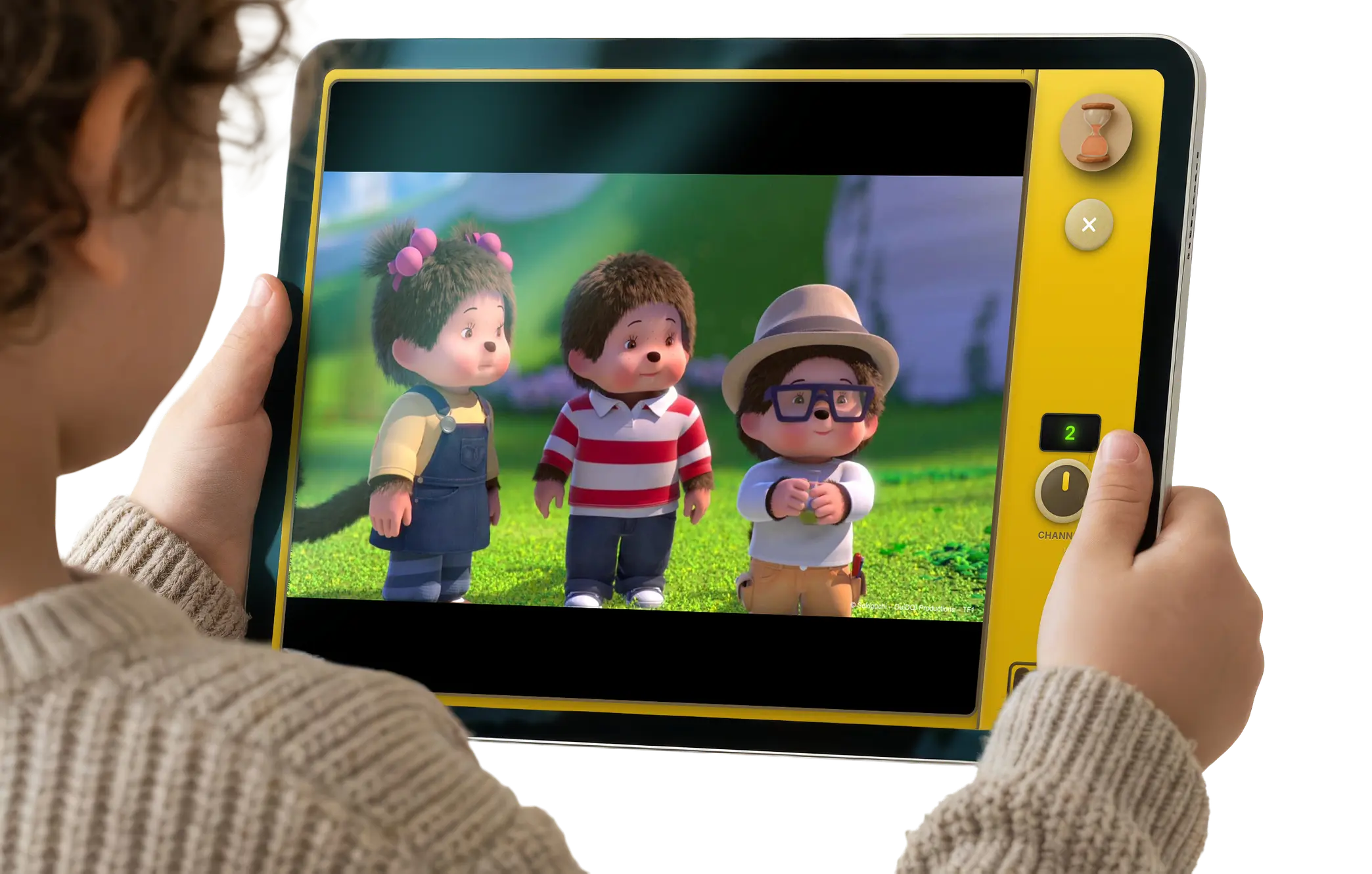 A child holding a tablet showing a Meevee story